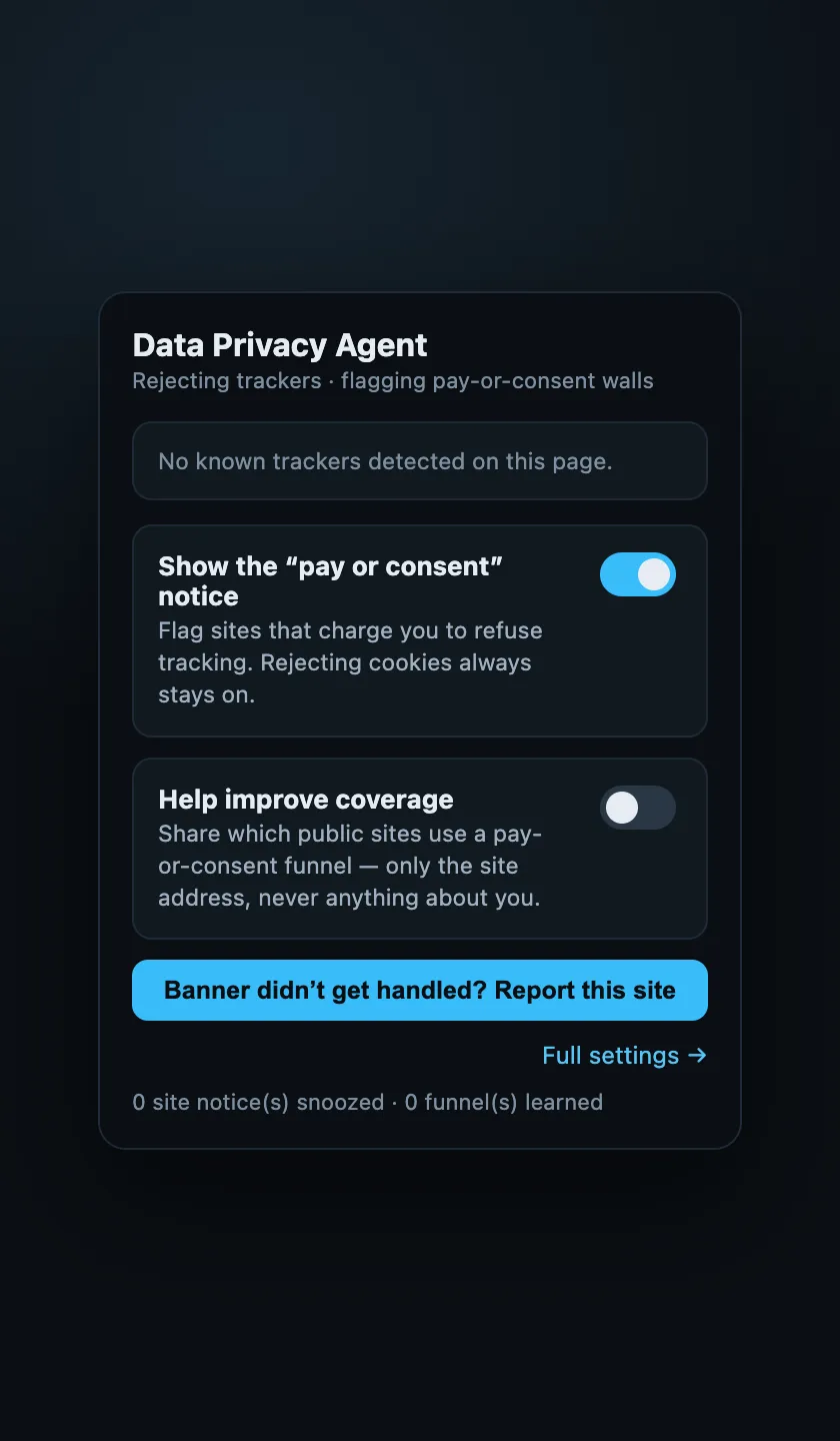 The popup in its calm default state: no trackers detected, notice on, reporting off