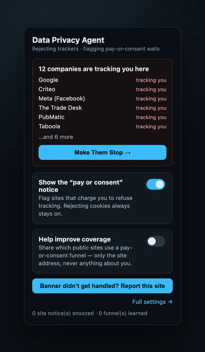 The popup with the status card reading Denied and a list of tracking companies