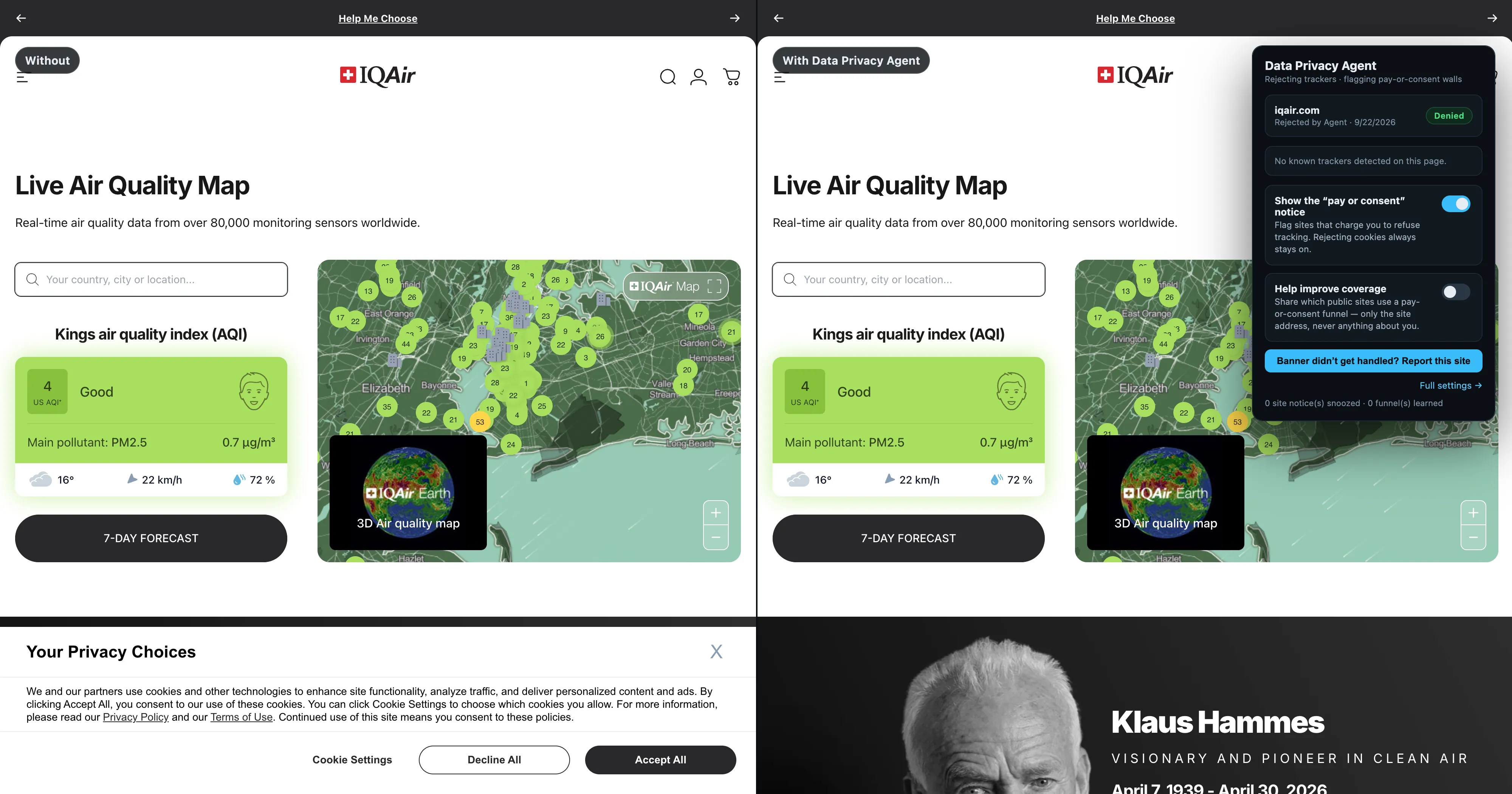 Side by side: iqair.com showing its cookie banner without the extension, and the same page with the banner gone and the popup reporting “Denied · Rejected by Agent”