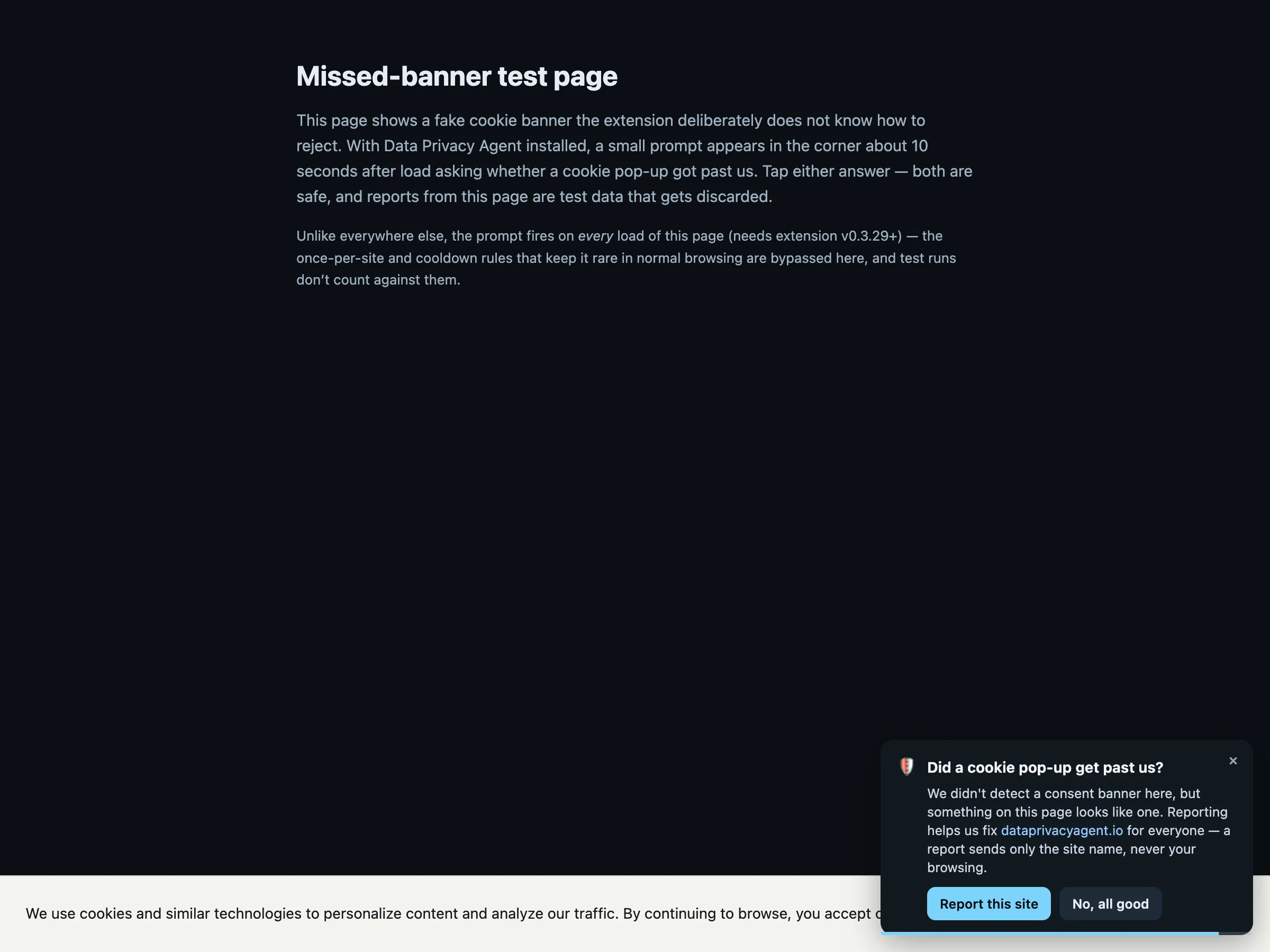 The missed-banner prompt over a page with an unhandled cookie notice: “Did a cookie pop-up get past us?” with Report and All-good buttons
