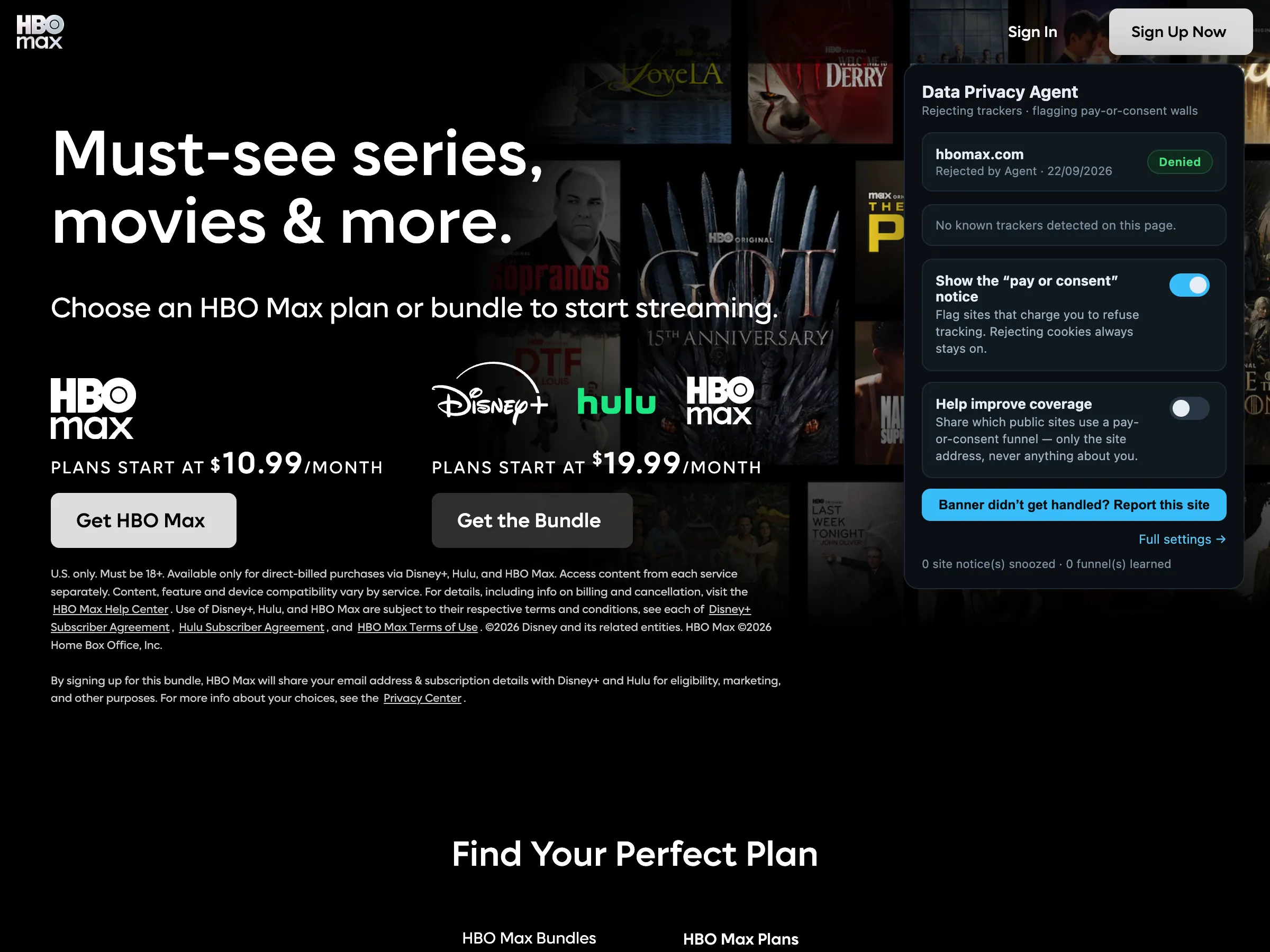 HBO Max in the EU: the GDPR dialog auto-rejected, with the popup reporting Denied