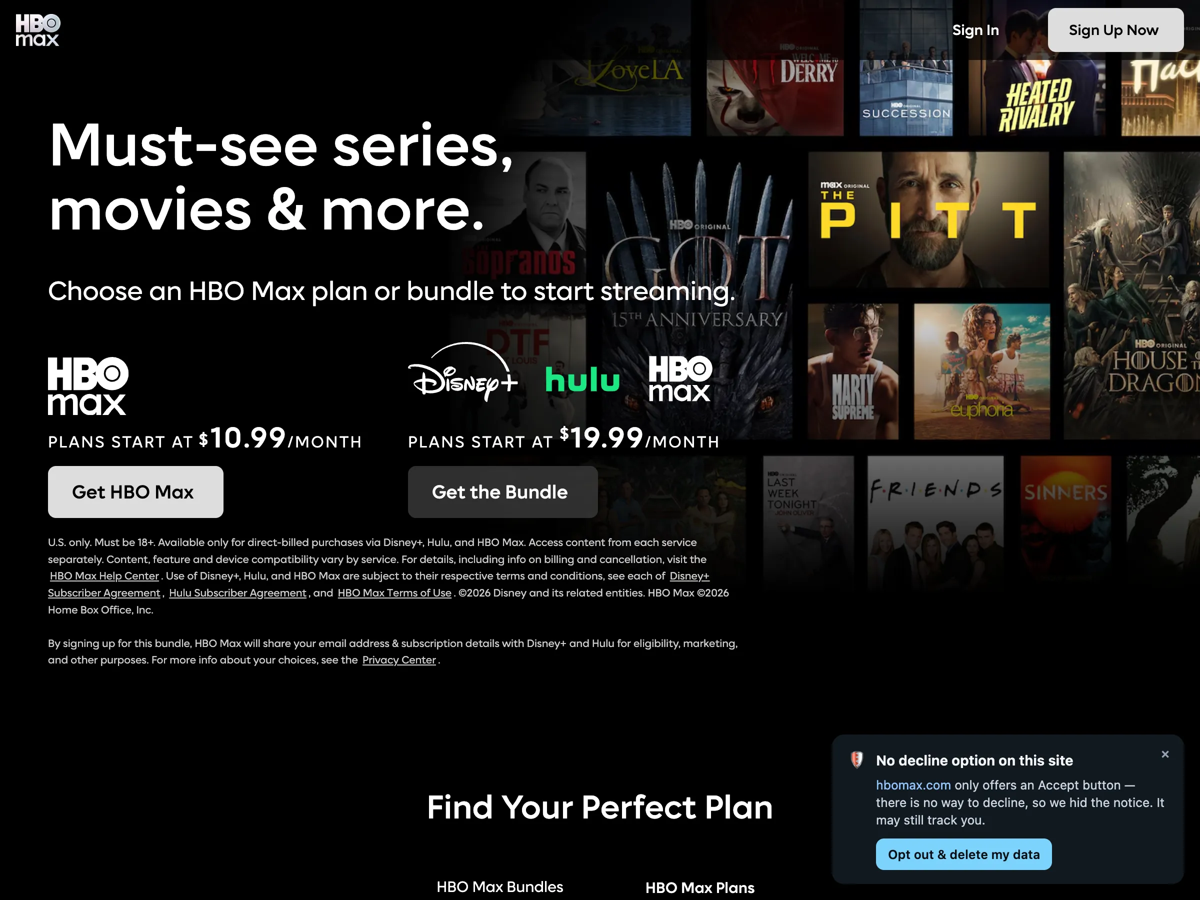 HBO Max in the US: agree-only wall hidden, with the disclosure card