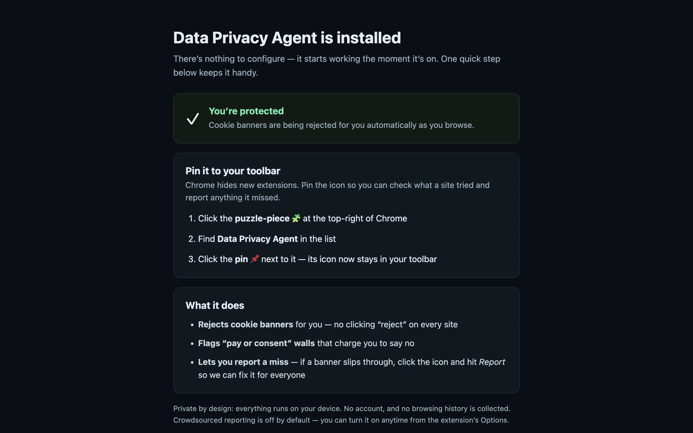 The welcome page in its “You’re protected” confirmation state